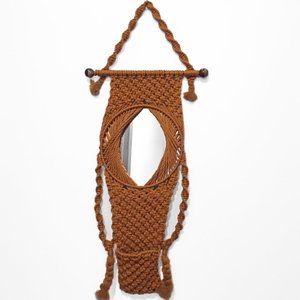 Vintage 70s MACRAME Hanging Mirror With Pocket in Golden Brown